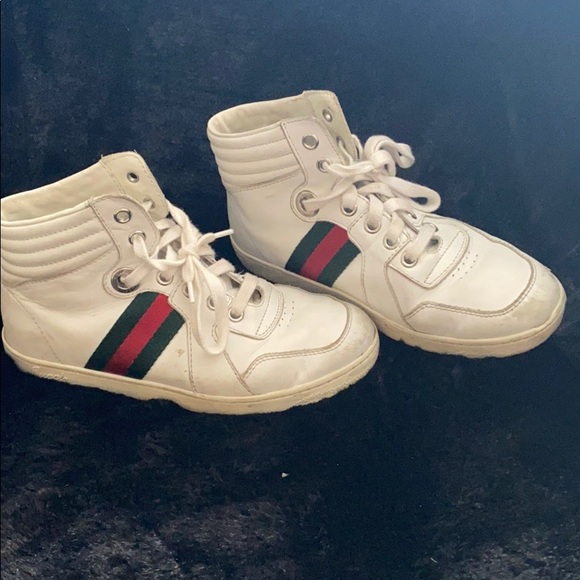 Gucci Kids White High-Top Sneakers with Green and Red Stripes - Picture 1 of 4